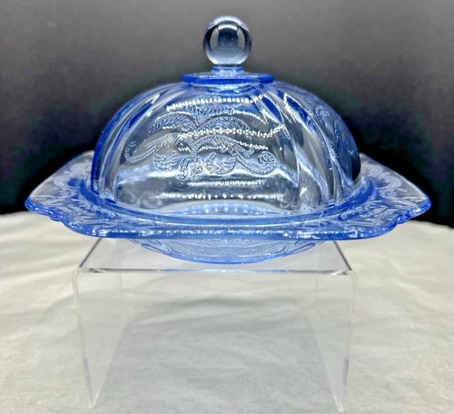 Vintage Butter Dish With Cover, Indiana Glass Recollection Blue Depression Glass