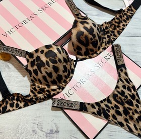 Victoria&rsquo;s Secret Shine Strap Bombshell +2 cups  Push-Up Bra Thong Set Leopard