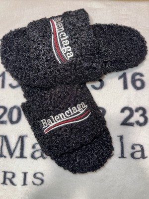 Balenciaga Fuzzy Logo Slippers Black Size 10