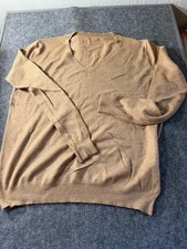 Men's Beige V-Neck Pullover Sweater Knit Long Sleeve Solid Casual