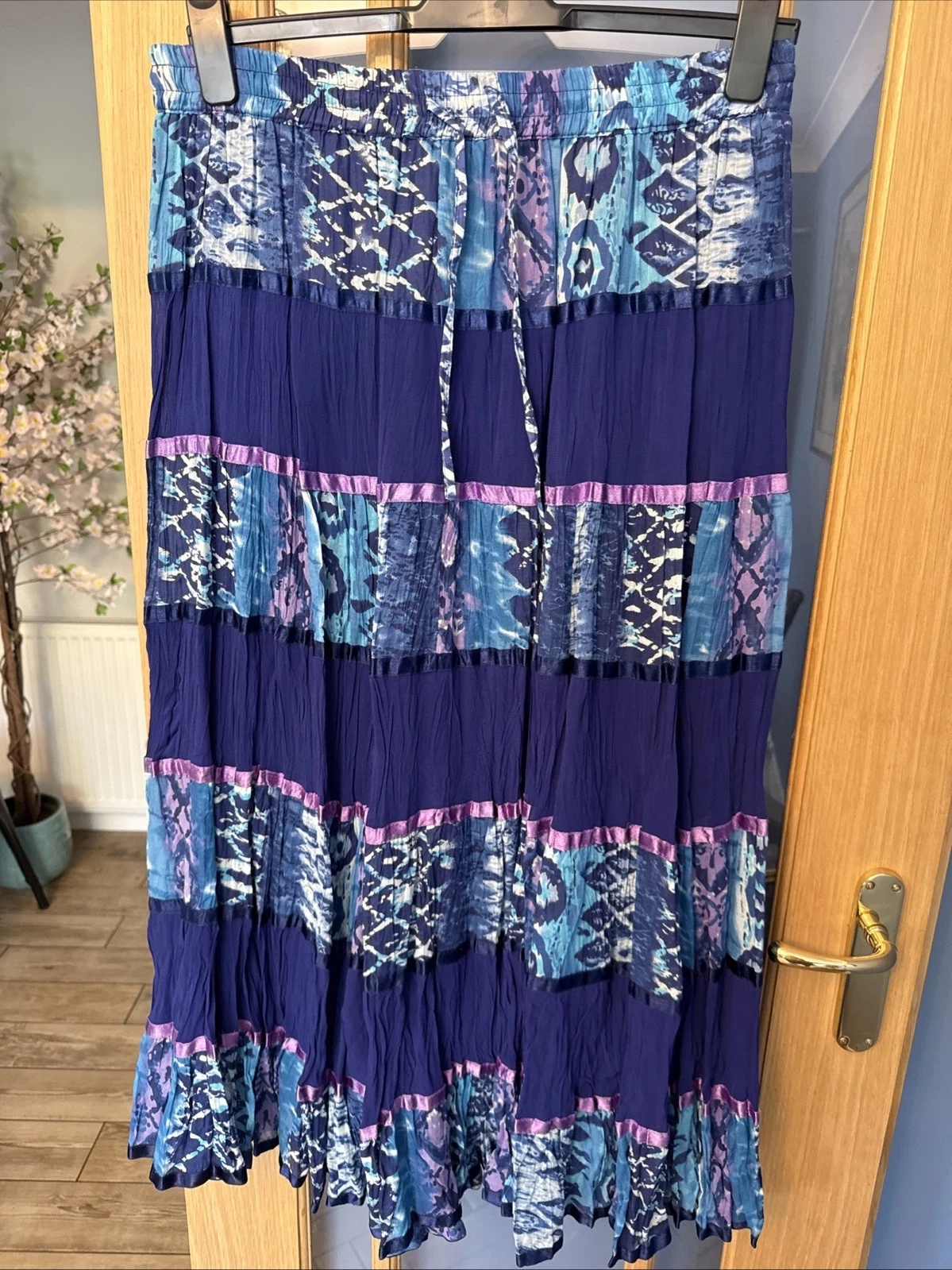 Roman Originals Skirt Purple Blue Maxi Floral Ribbon Elastic Waist Cotton 16