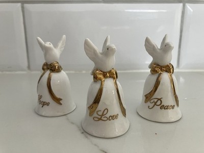3 Vintage Delicate White Porcelain Bells With Gold  Peace   Hope   Love  Set