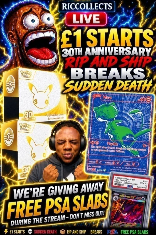 FREE PSA SLABS‼️ 30TH ANNIVERSARY £1 STARTS SUDDEN DEATH BREAKS AND RIP N…