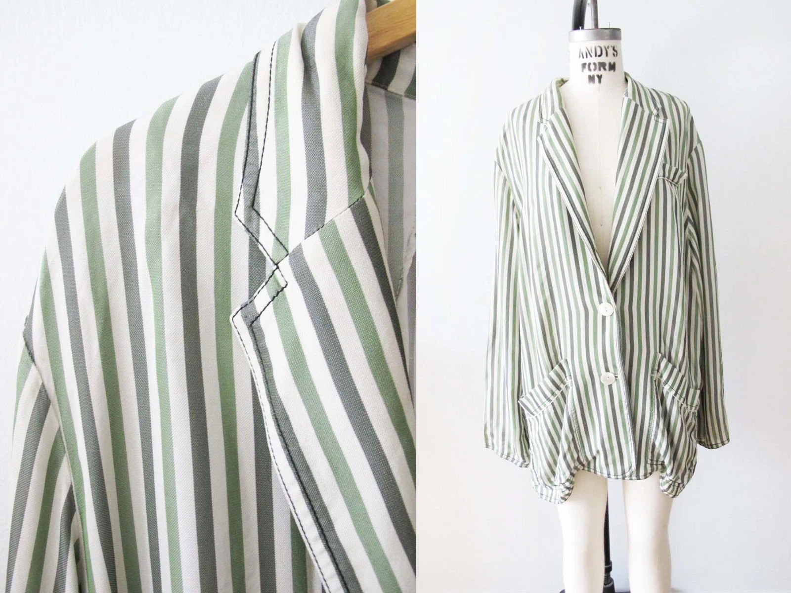 Vtg 1980s Sonia Rykiel Green Striped Slouchy Oversized Pajama Blazer Jacket