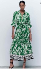 ZARA GREEN LONG PRINTED SHIRT DRESS BELTED SIZE XS BNWT
