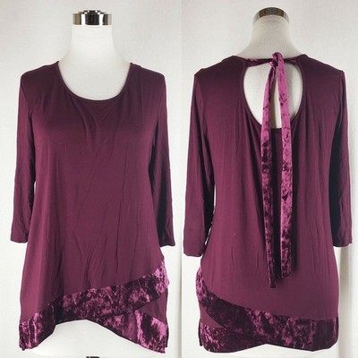 Pebble & Stone wine velvet trim tunic top blouse, L
