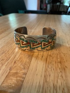 Native American Style Silver Chip Inlayed Cuff Bracelet,signed JR