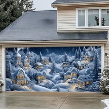 CHRISTMAS Garage Door Banner Cover Snowy Village Outdoor Decor 13x6ft 15x7ft