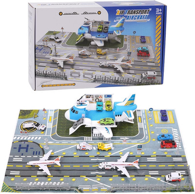 Airplane Toy Car Toy Set Airport Playmat with Helicopter, Truck, Plane, Sign Par