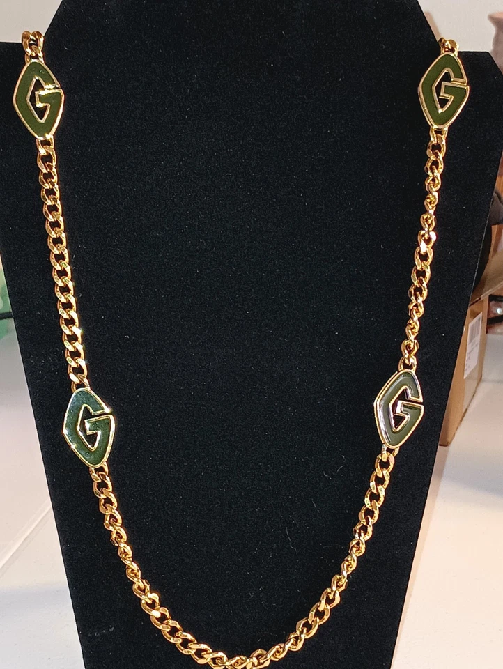 Vintage Givenchy dark green Enameled Logo Gold Plated Station Necklace - Image 3 of 4