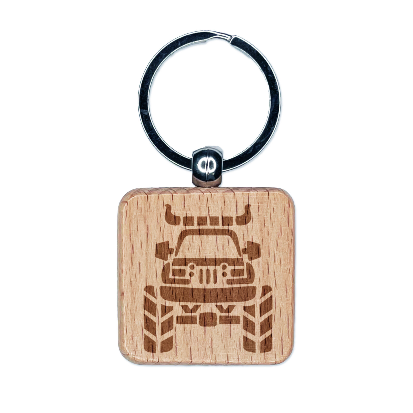 Monster Truck with Bull Horns Engraved Wood Square Keychain Tag Charm