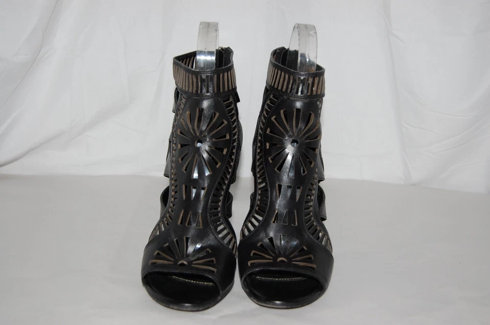 40/10❤️Sergio Rossi Sandalias Gladiador Tacones Altos Cuero Negro BOTAS ITALIA Foto 4 de 4