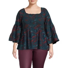 Terra & Sky Women s Plus Size Animal Mark Wine Bell Sleeve Smock Top Blouse NWT