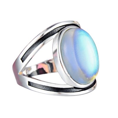 Silver Vintage Moonstone Ring Large Oval Colorful Opalescent Stone Men/Women