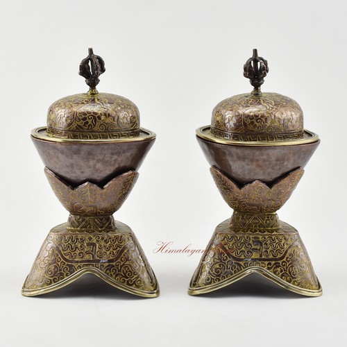 Hand Carved Oxidized Copper Alloy Buddhist Tibetan Kapala Set from Patan, Nepal - Picture 3 of 6