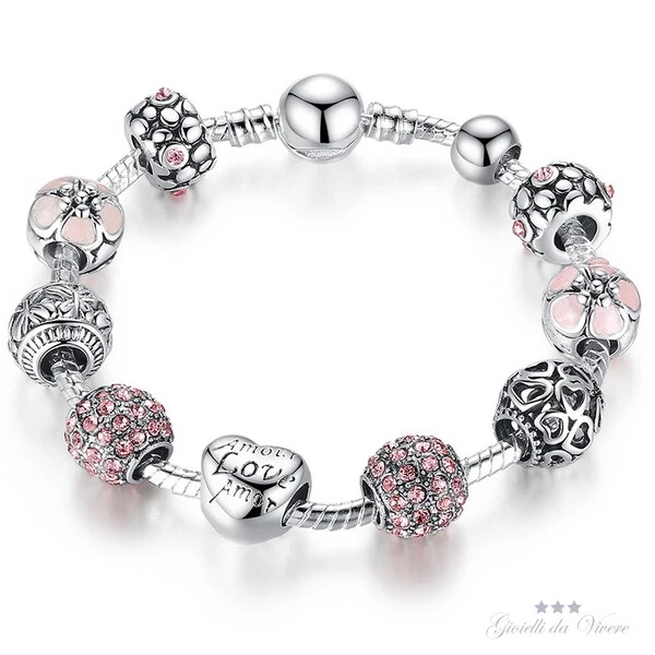 Pink Women s Bracelet Charms Flower Heart Love Silver Pendants