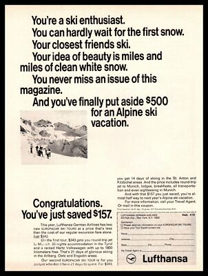 1967 Lufthansa German Airlines New York Europacar Alpine Ski Tours Print Ad