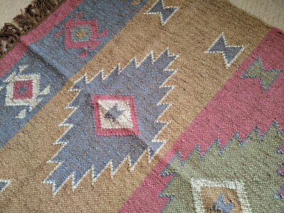 150x90cm INDISCHER KELIM KELIM Jute Wolle Azteken Design HANDGEWEBT Teppich Rug Läufer