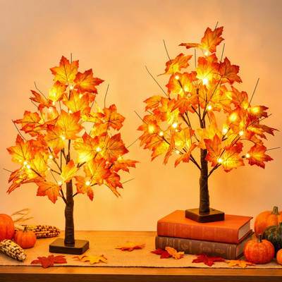 Fall Decorations Maple Tree with 24 LED Lights Tabletop Thanksgiving Gift 2 Pack