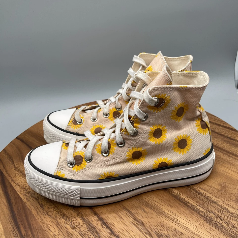Converse Chuck Taylor All Star Lift Hi Shoes Womens 8 Beige Sunflower Casual - Image 3 of 4