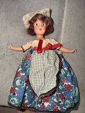 Vintage Girl Doll Blue Eyes Brown Wavy Hair Floral Dress Bonnet