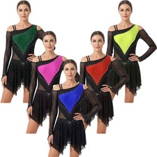Womens Dancewear Leotard Dress Asymmetrical Bodysuit Ballet Mesh Lyrical Hem