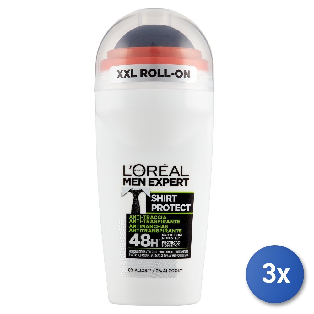 3X L'Oreal Roll-On Deodorant 50 Ml. Men's Shirt Protect