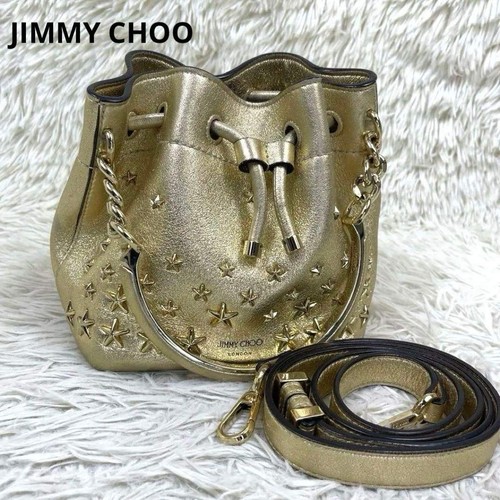 JIMMY CHOO Bon Bon Studs Bucket Crossbody Shoulder Bag Leather 2Way Gold Used