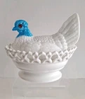 Vintage Atterbury & Co Milk Glass Hen On Nest with Blue Head and Red Glass Eyes