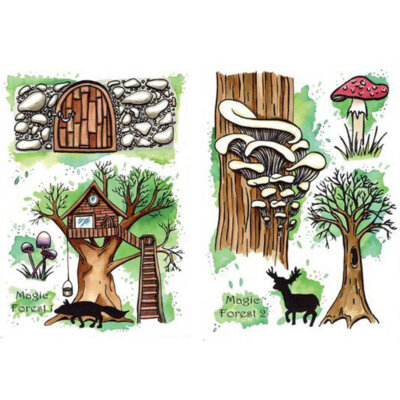 Stempel Silikonstempel Magic Forest Märchenwald Fuchs Pilz Baum Tür Clearstamp 