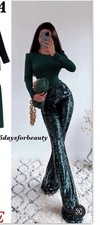 ZARA FLARED HIGH WAIST GREEN SEQUIN Sparkly PANTS 2731/352 FLARE XSmall