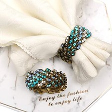 Jeweled Napkin Rings Set of 6 - Vintage Metal Crystal Rustic Peacock Napkin R...