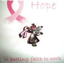 Breast Cancer Awareness pink ribbon angel pin, silvertone plated, USA made, card
