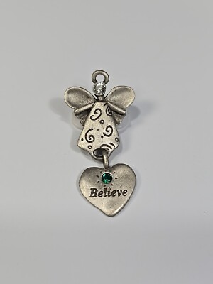 Guardian Angel Belive Lapel Pin Dangling Charm Faux Jewel Silver Color Metal 