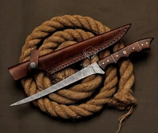 Handmade Damascus Steel Fillet Knife Flexible Blade Knife With Leather Sheath