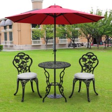 Vintage Ornate Cast Aluminium Black Garden Table & Chairs Set with Umbrella Hole