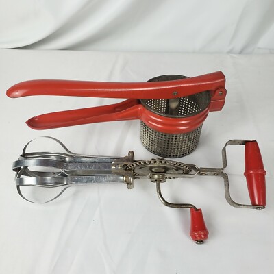 Vintage Bright Red Potato Ricer & Egg Beater Mixer