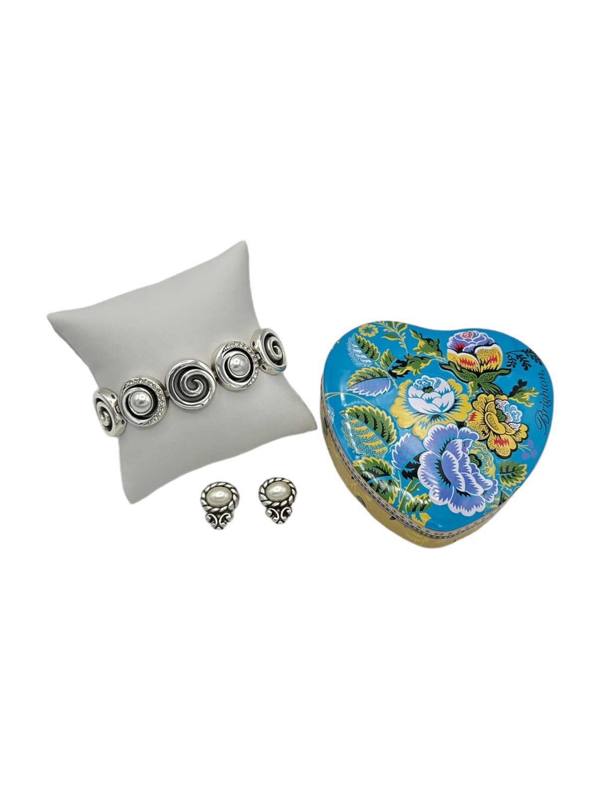 Brighton Silver Swirl Link Pearl Rhinestone Bracelet & Earring Set