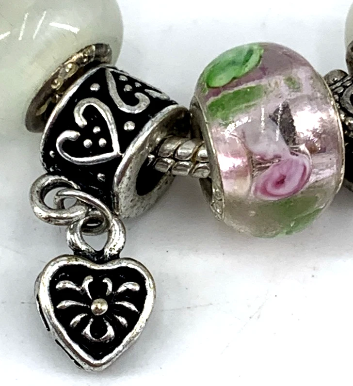 Sterling Silver Charm Bracelet Love Heart Glass Beads 7.5" - Image 4 of 4