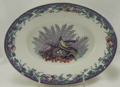 Transferware Mulberry Polychrome Impressed PG Bowl Bird on Nest with Eggs