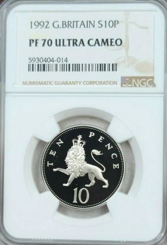 1992 GREAT BRITAIN SILVER 10 PENCE CROWNED LION NGC PF 70 ULTRA CAMEO PERFECTION