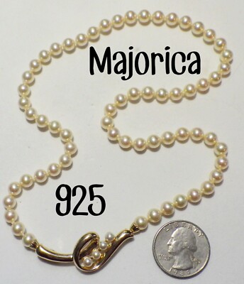 Vtg Signed MAJORICA 925 Gold Vermeil Glass Pearl Strand Necklace Front Clasp 18''