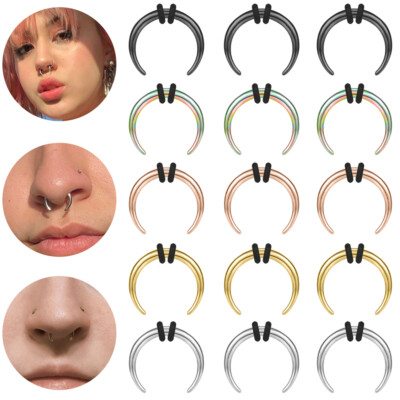 1-10Pcs Nose Rings Hoop Surgical Steel Buffalo Horn Ear Pincher Taper Piercings