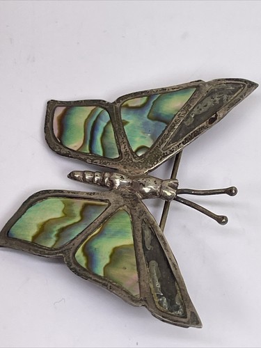 Butterfly Pin Signed Sterling Silver Mexico Abalone Brooch 925 Bohemian Jewelry - Picture 4 of 12