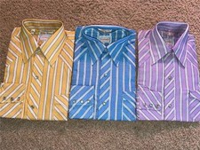VTG 70s BOY KID NEW KARMAN BLUE YELLOW PURPLE STRIPE COWBOY WESTERN BUTTON SHIRT