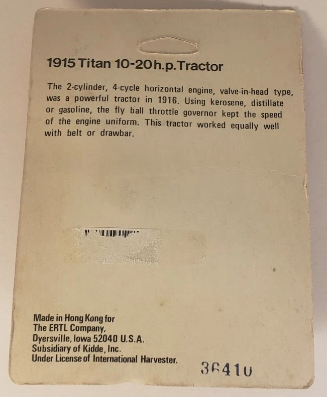 Vintage Ertl Historical IH - 1915 Titan 10 20HP Tractor - Die Cast New - Image 2 of 2