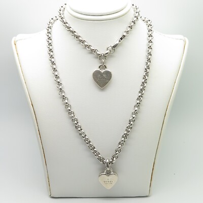 Gucci Sterling Silver Heart Charm Trademark Chain & Bracelet Set