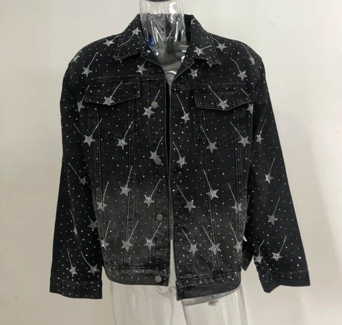Neu Herren Luxus Diamant Sterne Strass Mode Jeans Schwarz Jacke Hochwertig - Bild 8 von 10