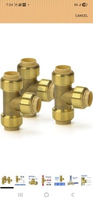 Push-Fit Plumbing Pipe Brass Connector,NSF Certified,push To Connect 3/4'' T, 3PK