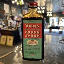 Vintage Vicks Cough Syrup Glass Bottle  2oz Box Bottle has Wear Medical 